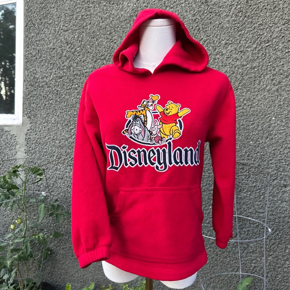 Vintage 90s Disneyland Resort Hoodie Kids Red Winnie the Pooh Fleece Pullover